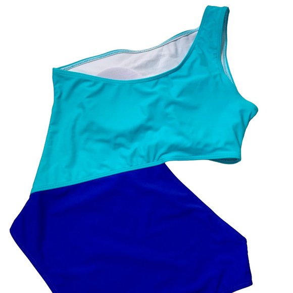 SweatyRocks One Shoulder Cut Out One Piece Swimsuit Size Large Two Tone Blue - Picture 7 of 13